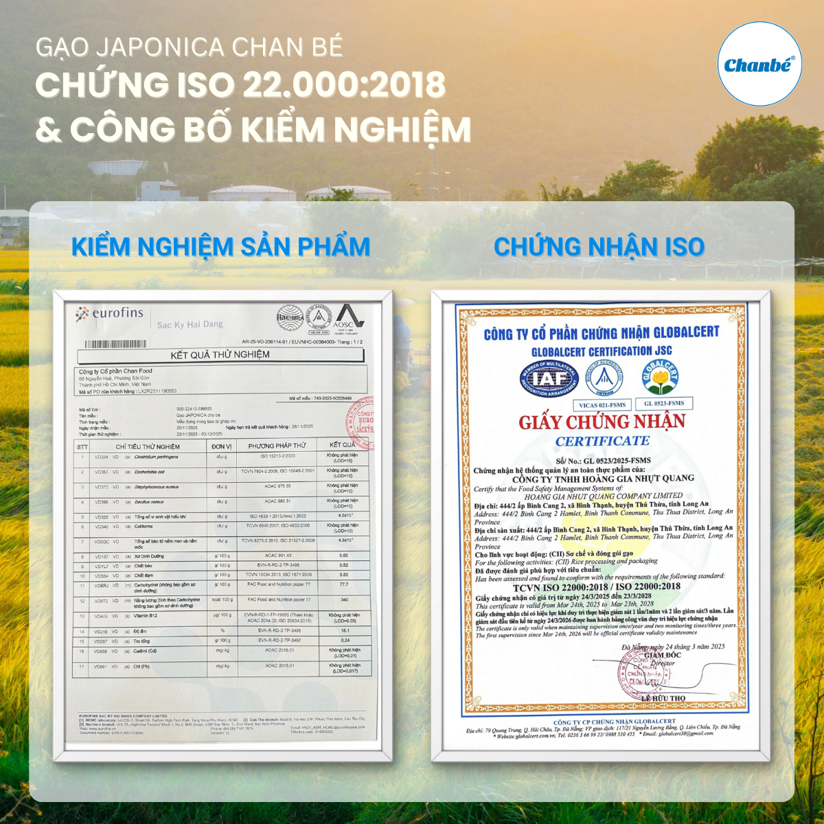 Giấy chứng nhận ATTP của Gạo Japonica ChanBé