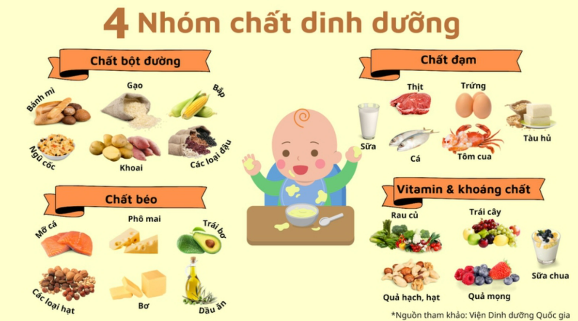 4 nhóm chất dinh dưỡng cho bé